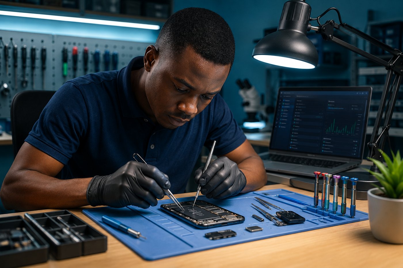 Technicien réparant un smartphone avec YAMACHA Gestion